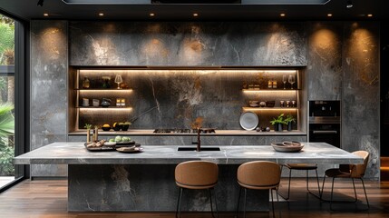 Elegant Contemporary Kitchen Featuring a Spacious Marble Island