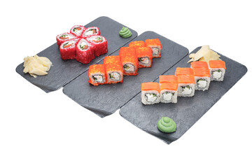 sushi on the black plate isolated on white background with clipping path © Kurganskiy
