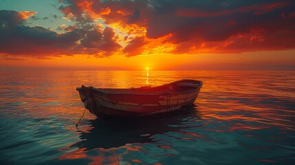 Fototapeta premium A boat is floating in the ocean at sunset, AI