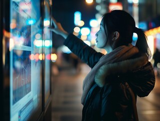 young woman touched the finger-sensitive screen of interactive kiosk to find information while standing on street at night - obrazy, fototapety, plakaty