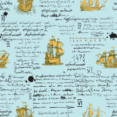 seamless texture in the style of a medieval nautical record of the captain's diary engraving sketch