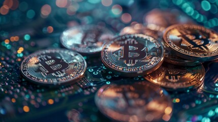 Pile of Bitcoins on Table