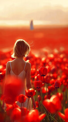 Zbliżenie na odwróconą kobietę na polu tulipanów - obrazy, fototapety, plakaty