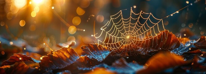 Glistening cobweb on vibrant red autumn leaves with dew drops under the morning sun rays, wide banner, copy space - obrazy, fototapety, plakaty