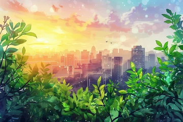 Foto op Canvas A Lush green plants overlooking a city skyline with the warm glow of sunrise illuminating the urban landscape,watercolor illustation © poom