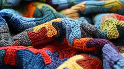 A close up of a pile of colorful knitted blankets, AI