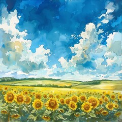 Fototapeta premium A panoramic view of a sunflower field with blooming flowers under a clear blue sky with fluffy clouds, symbolizing summer and agricultur,watercolor illustatione