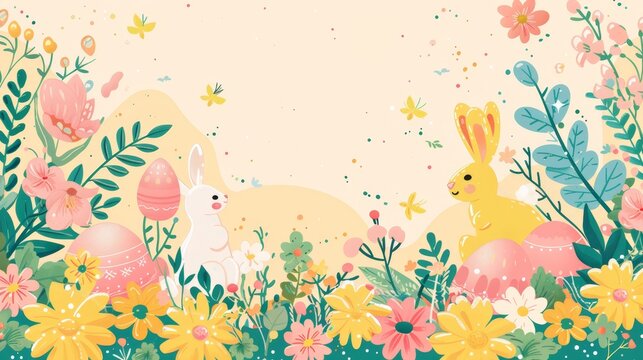 Holiday Borders: A vector frame for Easter, with elements like eggs, bunnies, and spring flowers