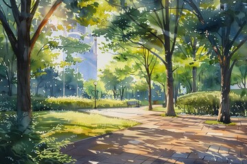 A Sunlight filters through a modern urban park, highlighting the meticulous green landscaping and peaceful environment,watercolor illustation