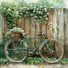 Fototapeta na wymiar A vintage green bicycle with a basket full of white flowers stands against an old wooden fence overgrown with vines,watercolor illustation