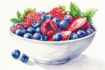 A white bowl full of mixed fresh berries, including strawberries, blueberries, and raspberries, garnished with mint,watercolor illustation