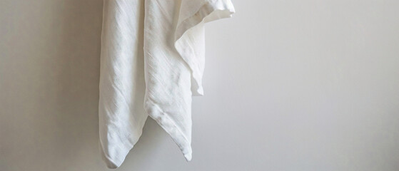 Simple white dish towel hanging on silver hook, ready to dry dishes in kitchen.