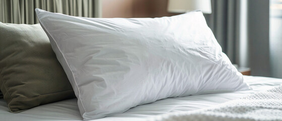 Simple white pillow on neatly made bed with rustic wooden headboard in minimalist bedroom setting.