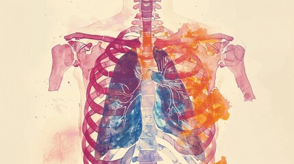 An Xray image of the human chest showing the bony structures and the silhouette of the lungs and heart,watercolor illustation - obrazy, fototapety, plakaty