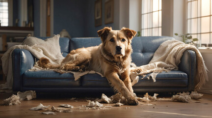 Naklejka na ściany i meble Pet dog sitting on damaged sofa with torn furniture in living room. Naughty dog making mess while being home alone