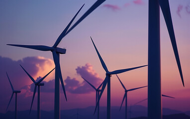 Wind energy farm illuminated by a vibrant sunset - Rows of wind turbines - eco-friendly power, green alternative energy.