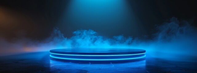 "Neon Blue 3D Podium: Abstract Stage Background"