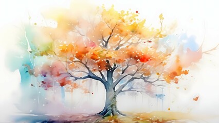 Colorful watercolor autumn tree painting