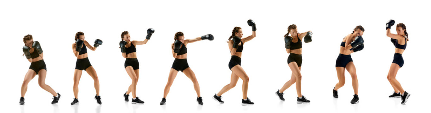 Sport collage made of dynamic photos of young athlete woman athletic female MMA fighter training against white background. Boxing. Concept of sport, competition, action, healthy lifestyle.