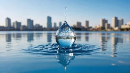 close-up of water droplet against modern city skyline, represents the resilience of urban ecosystems and the importance of sustainable water conservation efforts for eco-friendly living