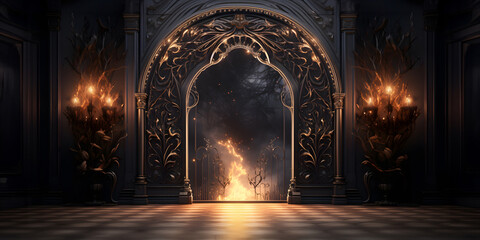 Mystical baroque gate opening to a fiery dimension: A dramatic blend of architecture and fantasy