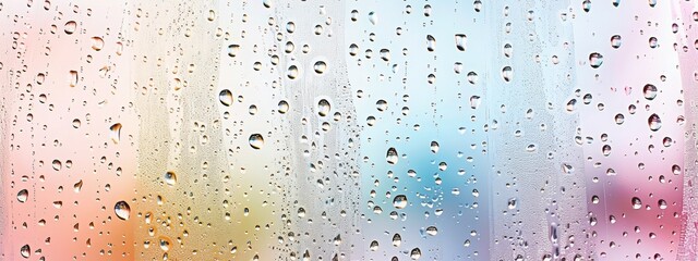 The abstract chromatic background of water droplets has a texture on the damp glass surface. This style is minimalist, with a simple white background and the modern poster style design