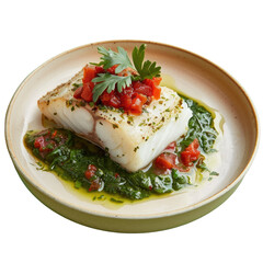 Plate of fish with sauce and tomatoes