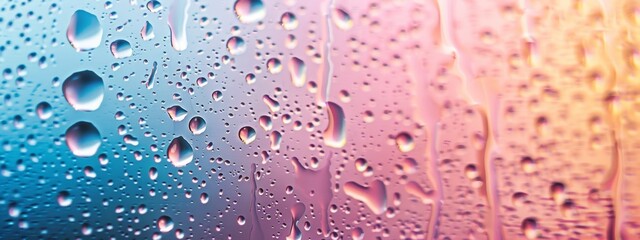 The abstract chromatic background of water droplets has a texture on the damp glass surface. This style is minimalist, with a simple white background and the modern poster style design
