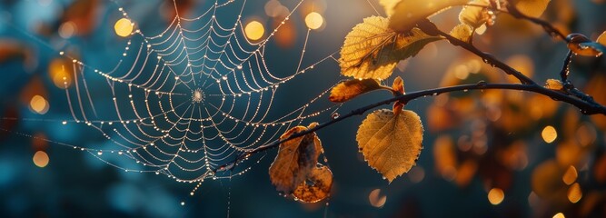 Autumn morning sun rays illuminating dewy cobweb on leaves in tranquil nature setting, wide banner, copy space - obrazy, fototapety, plakaty