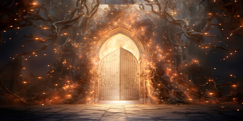 Naklejka premium Mystical gateway engulfed by ancient trees: A vision of baroque and fantasy