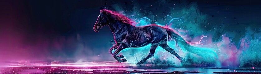 A horse galloping its mane and tail streaming with neon light