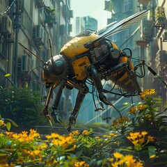 A cybernetic bee on a mission to pollinate a dystopian citys last plants - obrazy, fototapety, plakaty