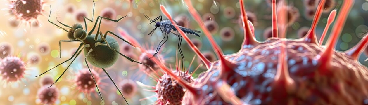 A detailed 3D scene depicting the lifecycle of a malaria parasite within a human host and mosquito vector.