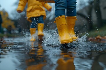 Joyful Puddle Play in Yellow Boots. Concept Exploring Nature, Splashing in Puddles, Yellow Boots, Fun Activities, Outdoor Fun