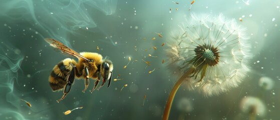 A fantasy scene of a bee riding a dandelion fluff like a parachute - obrazy, fototapety, plakaty
