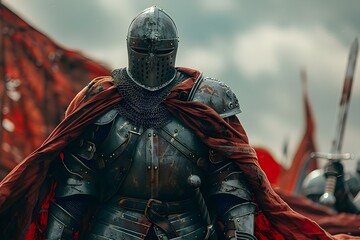 Valiant Knight Ready for Battle, Sword at the Ready. Concept Medieval Warrior, Ancient Battle Tactics, Knights in Shining Armor - obrazy, fototapety, plakaty