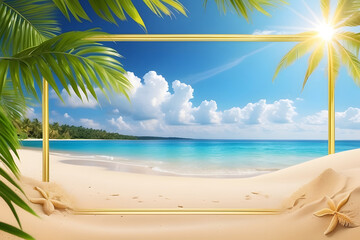 Fototapeta na wymiar Summer background with the frame, nature of tropical golden beach with rays of sunlight and leaf palm. Golden sand beach close-up, seawater, blue sky, white clouds. Copy space, summer vacation concept
