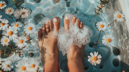 Feet immersed in aqua, daisies floating in tub an artful gesture
