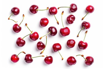 red sweet cherry isolated on white background with clipping path . Top view. Flat lay . photo on...