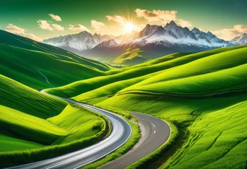 Fotobehang Groen illustration, scenic road trip through countryside fields mountains, landscape, highway, journey, rural, meadows, hills, view, travel, natural, path, excursion