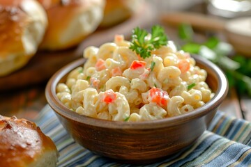 A little macaroni salad and dinner rolls