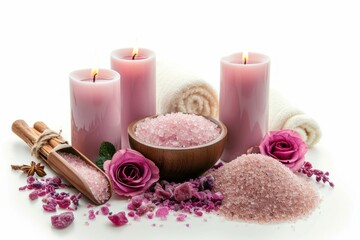 Obraz na płótnie Canvas Relaxing candles, bath salts, and skincare products for a spa concept. photo on white isolated background