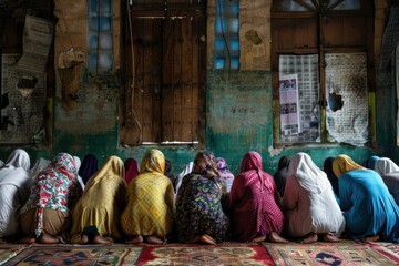 A row of women in traditional dress and headscarves praying inside a mosque, facing away from the camera, with an aged wall and windows in the background. - obrazy, fototapety, plakaty