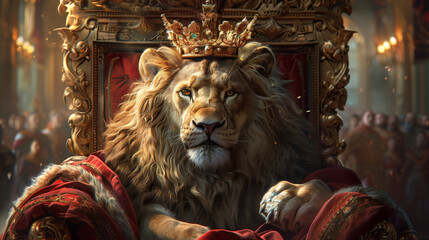 Royal lion sitting on a throne, closeup view.
