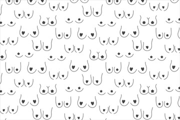 Seamless pattern of female tits, silhouette of female breast, doodle style for female design. Vector graphics of breast with stars and heart