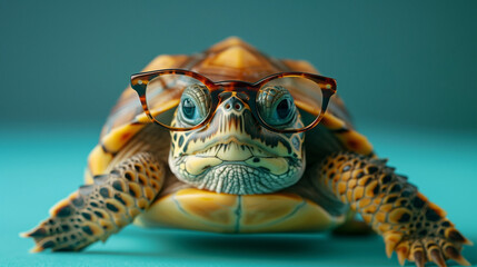 Cute little green turtle with glasses in front of studio background.