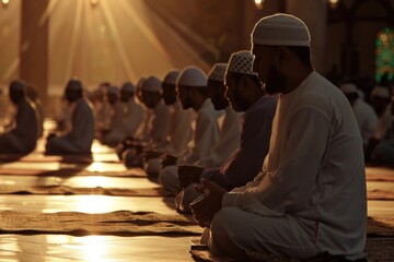 A serene scene capturing men in traditional Islamic attire engaging in prayer at a mosque with sunlight streaming through the windows. - obrazy, fototapety, plakaty