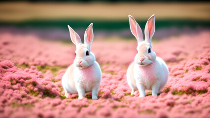 Obraz premium Pink rabbit on a flower field