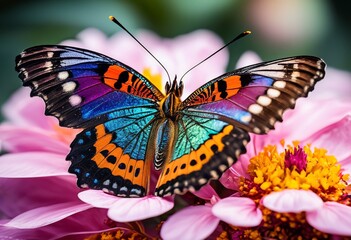 Fototapeta premium illustration, vivid butterfly perched flower petals close nature, colorful, vibrant, insect, wildlife, closeup, beautiful, macro, garden, delicate