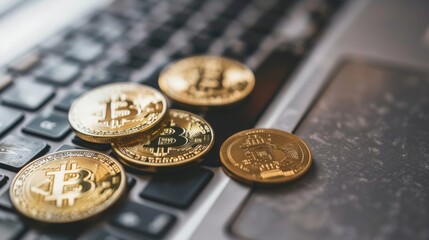 Bitcoin Coins on Laptop Keyboard